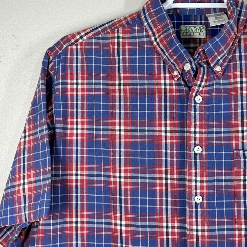 Ash Creek Trading Shirt Mens 2X Short Sleeve Button Down Plaid Cotton Red Blue